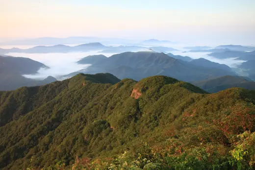운장산 정상부에서 바라본 겹겹의 산줄기와 골짜기를 메운 아침 운해